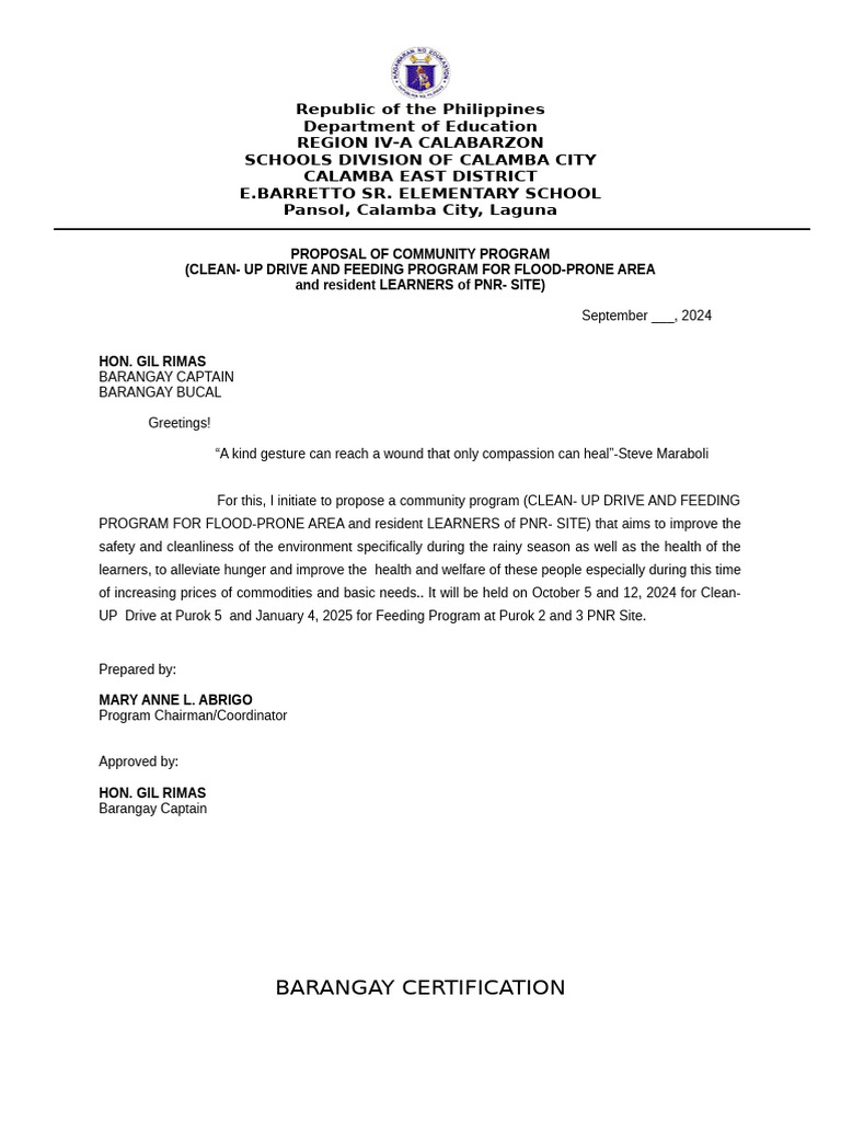BARANGAY RESOLUTION CERTIFICATION AND PROPOSAL PDF