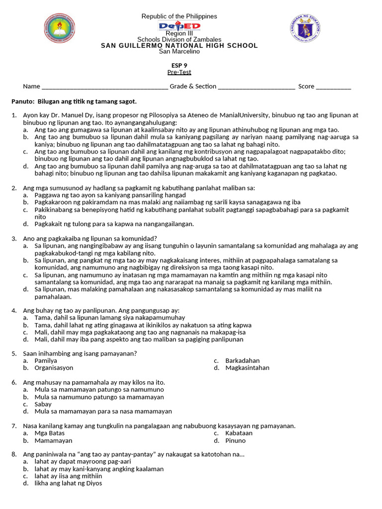 0 ESP 9 Pre Test | PDF