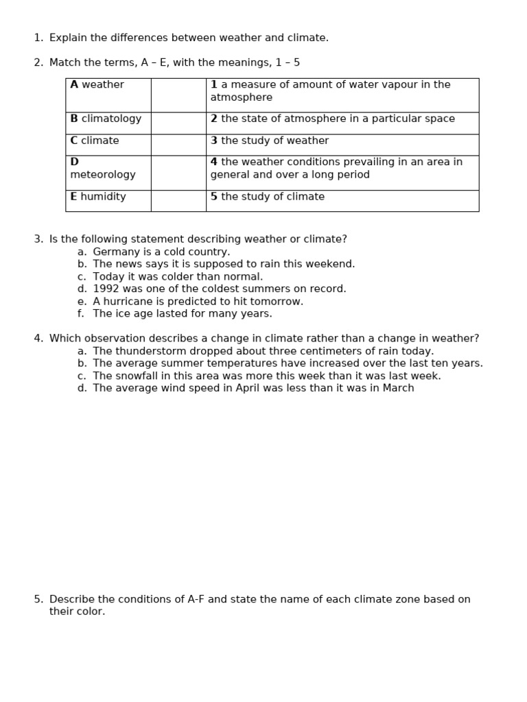Worksheet Weather and Climate Questions Only | PDF