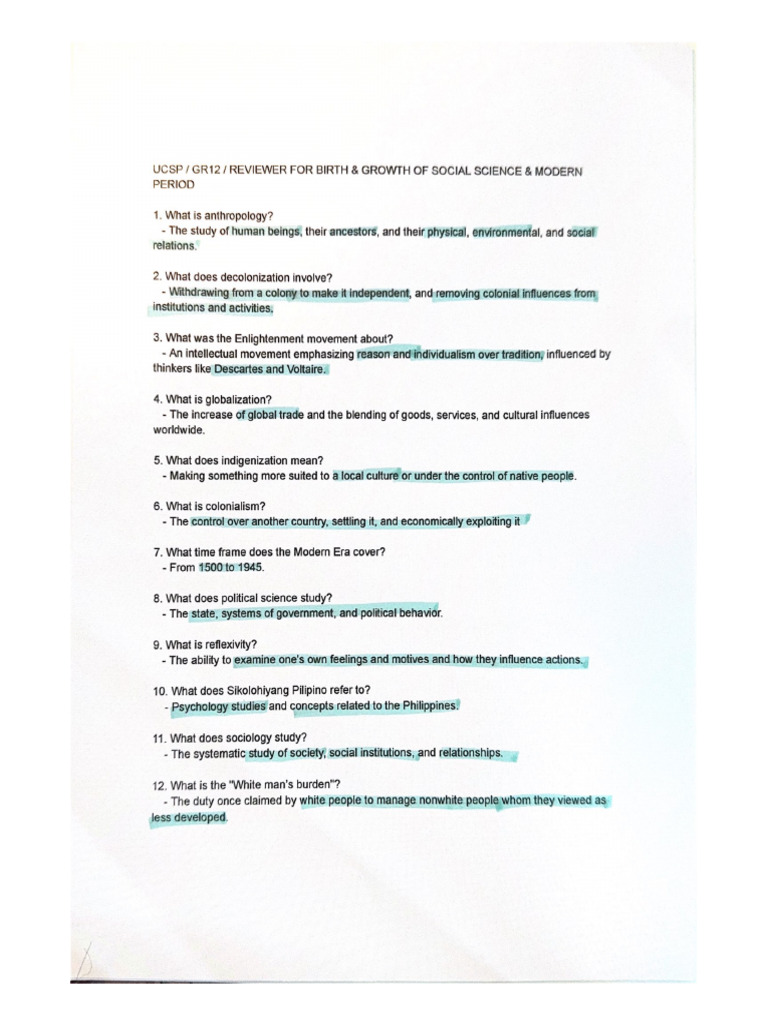 Ucsp Gr12 Reviewer For Birth & Growth of Social Science & Modern | PDF