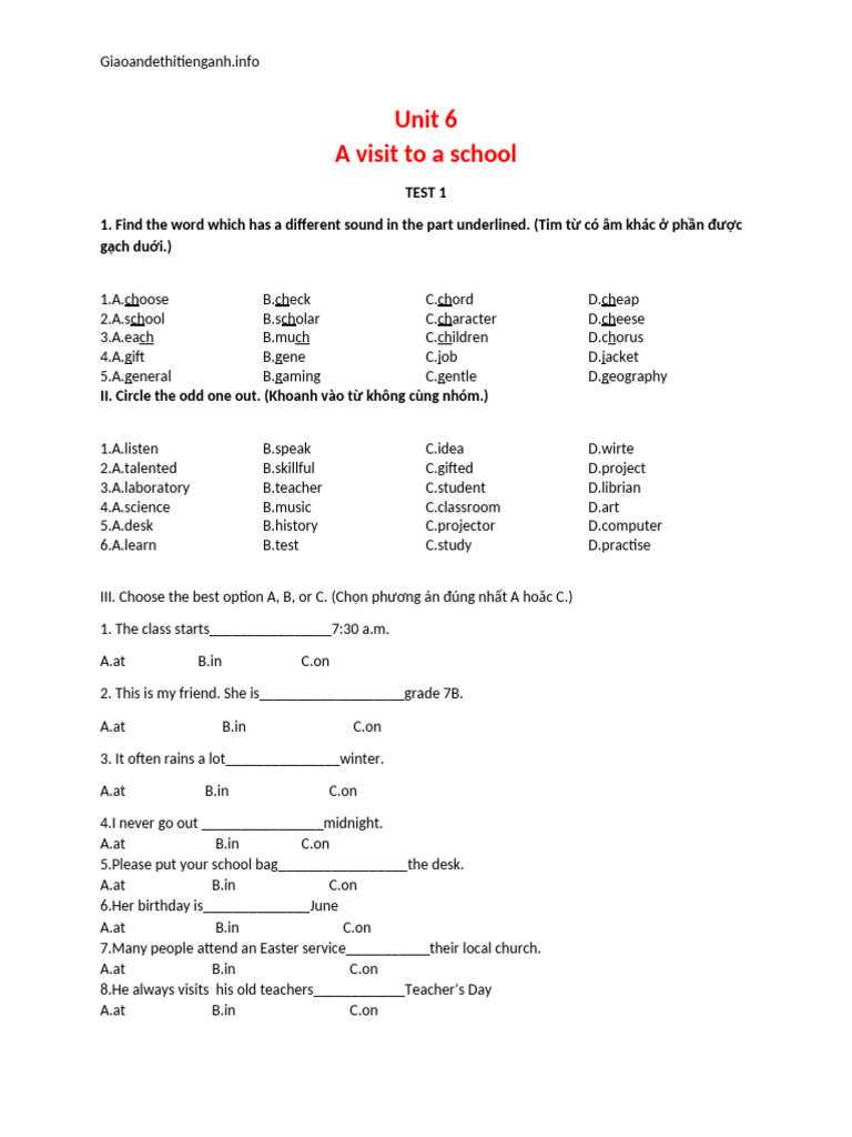 Đề kiểm tra Tiếng anh 7 Global Success có key unit 6 | PDF