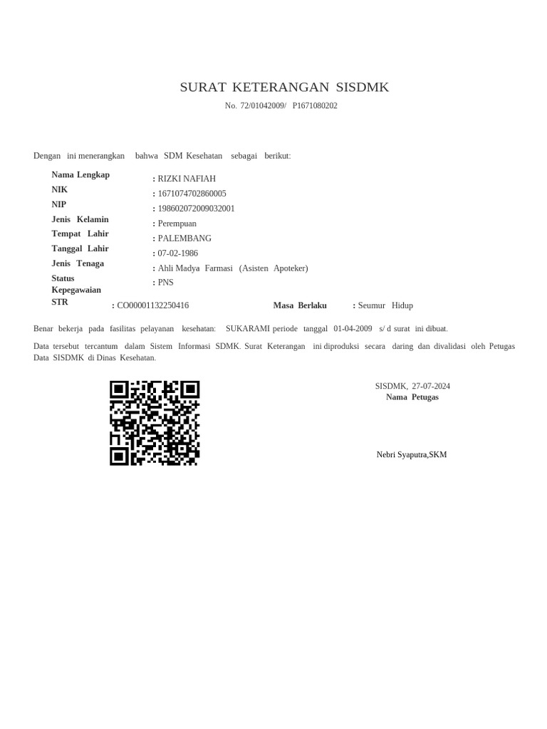 Surat - Keterangan - SISDMK - Yuk Kiki 2 | PDF