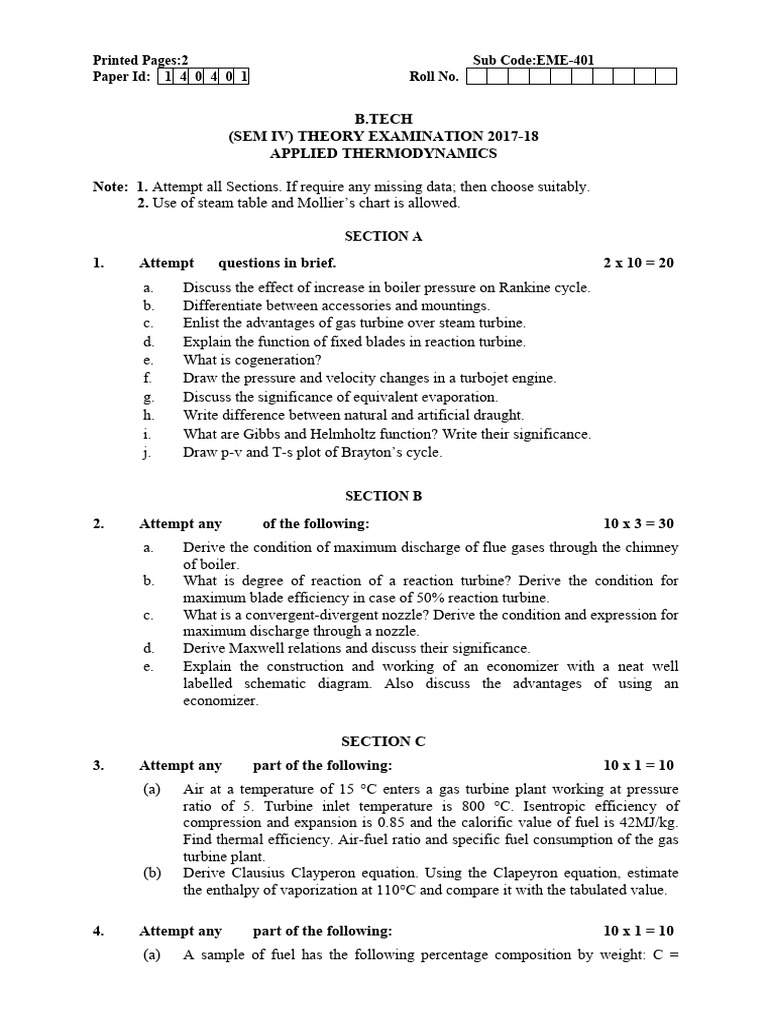 Btech Me 4 Sem Applied Thermodynamics Eme 401 2018 | PDF