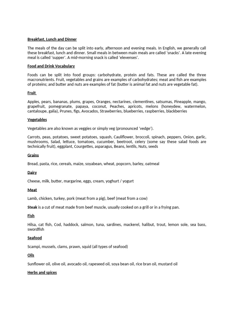 Food and Drink Vocabulary | PDF
