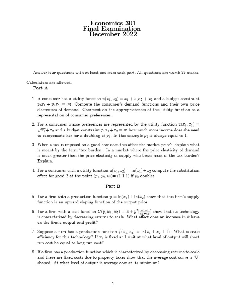 Econ 301 Final Exam 2022 | PDF