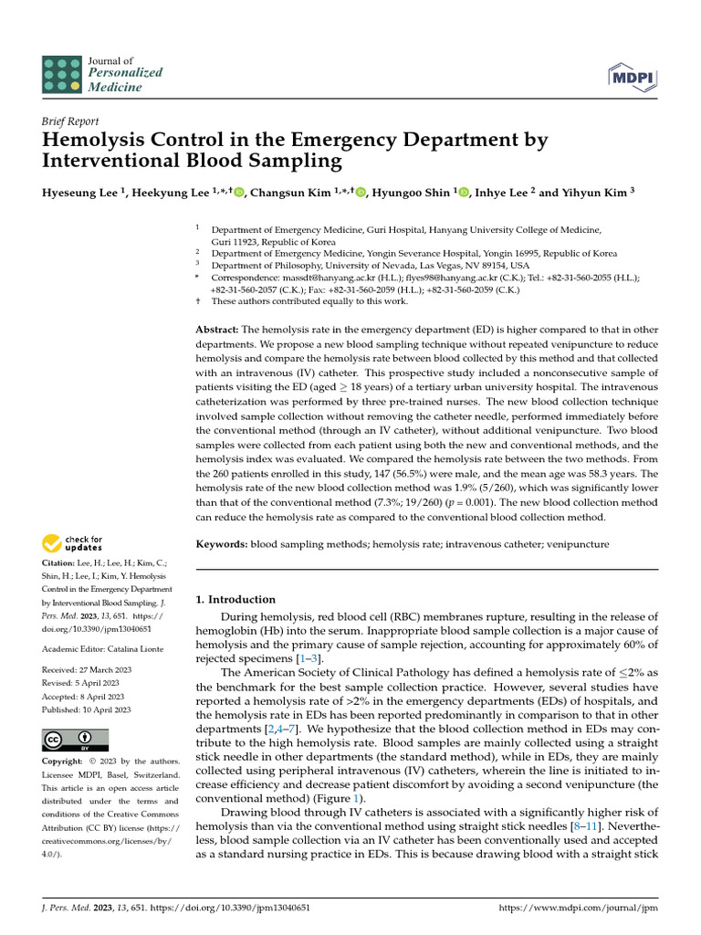 Hemolysis Control in The Emergency Department by Interventional Blood ...