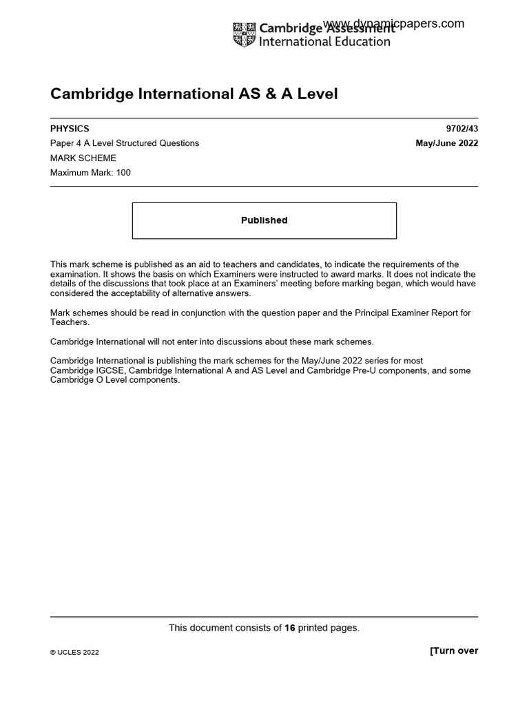 Cambridge International AS & A Level: Physics 9702/43 May/June 2022 | PDF