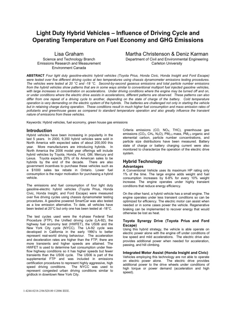 Light Duty Hybrid Vehicles - Influence of Driving Cycle and Operating ...