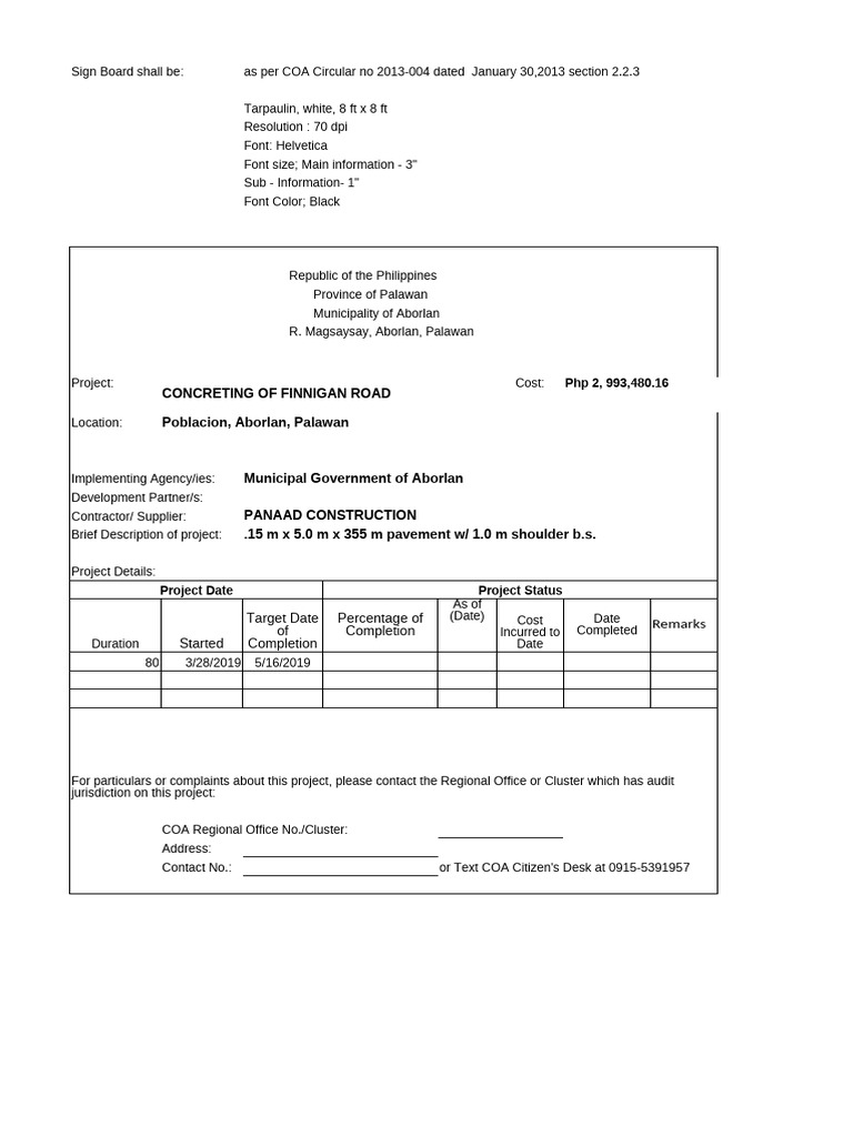 COA Tarpaulin Specifications for Projects | PDF | Typography | Publishing