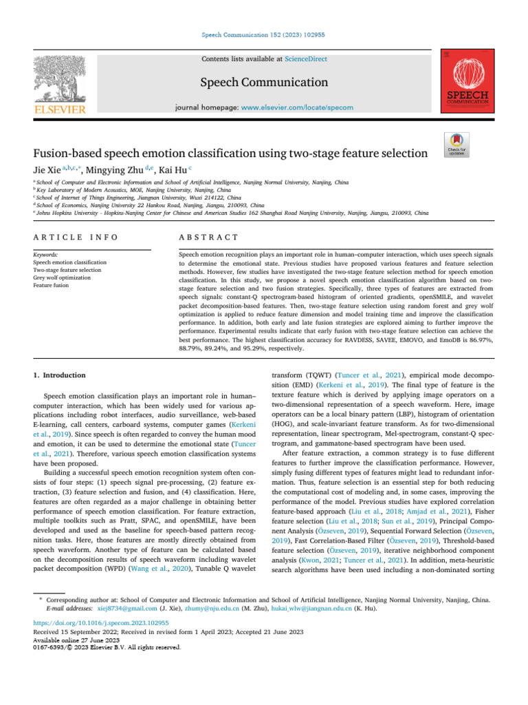 Fusion-Based Speech Emotion Classification Using Two-Stage Feature ...