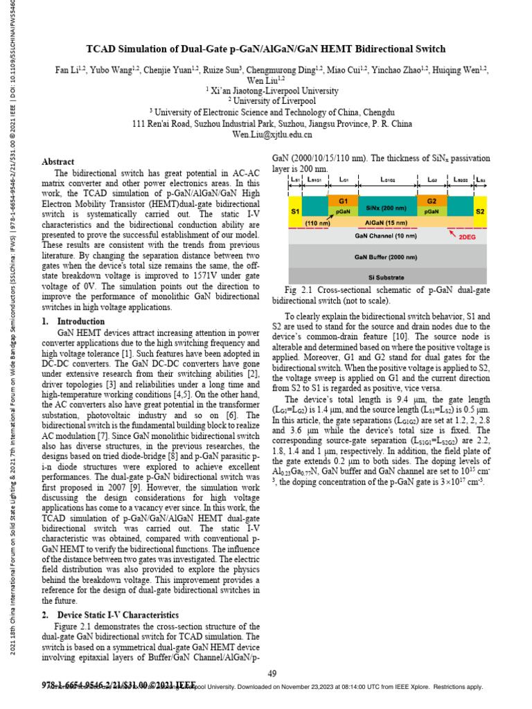 Tcad Simulation of Dual-Gate P-Gan/Algan/Gan Hemt Bidirectional Switch ...