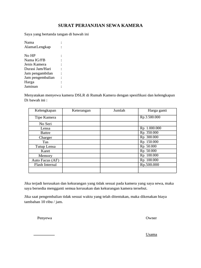 Surat Perjanjian Sewa Kamera | PDF