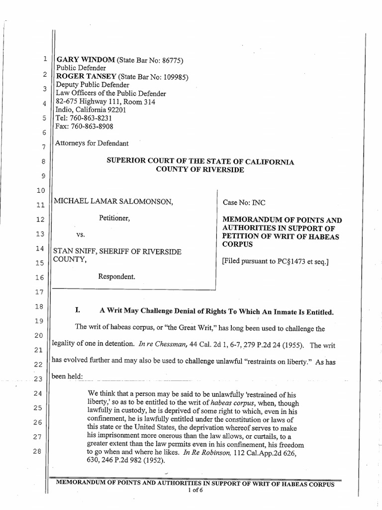 Memorandum of Points and Authorities in Support of Writ