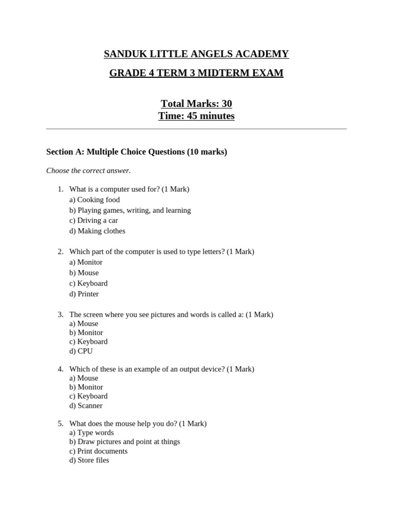 Grade 4 Mid Term 3 Exam Pdf Computer Keyboard Computers