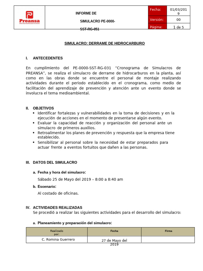 Informe de Simulacro de Derrame de Hidrocarburos | PDF
