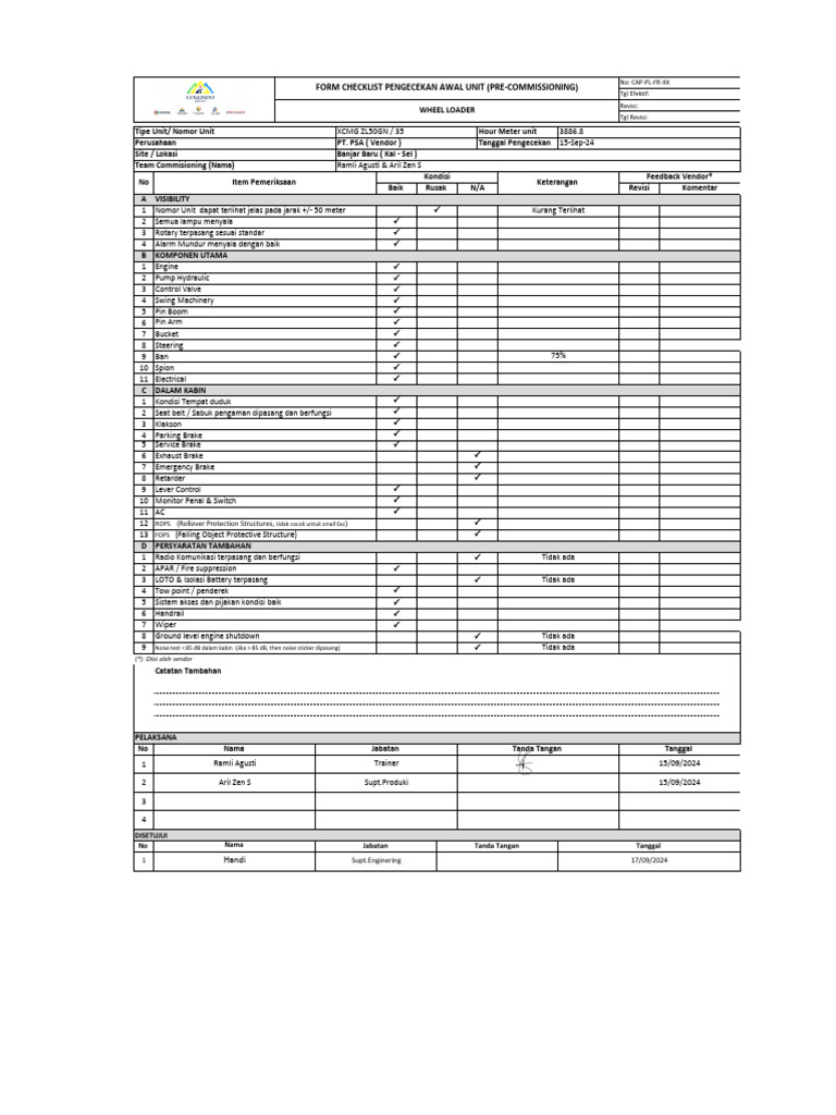 Pengecekan Awal Unit Wheel Loader XCMG Pt. Psa - 1 | PDF