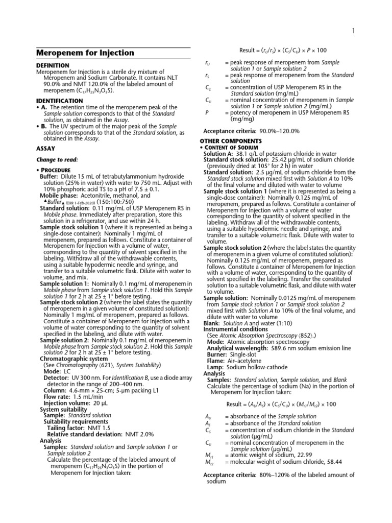 Meropenem For Injection USP2023 | PDF