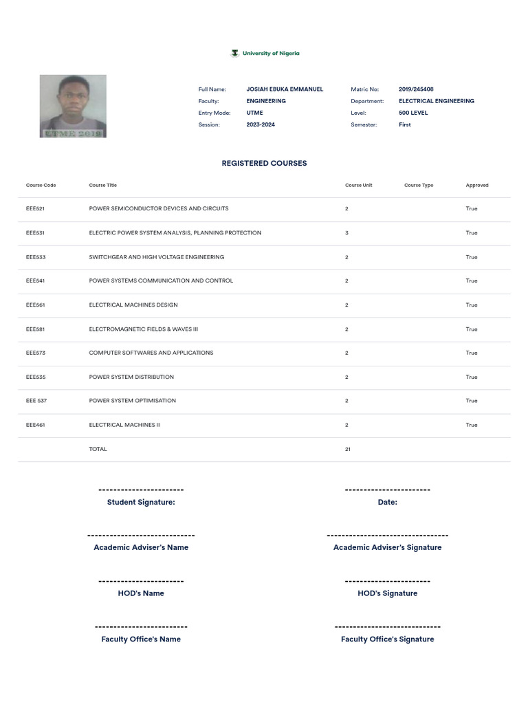 Registered Courses: Full Name: Matric No: Faculty: Department: Entry ...