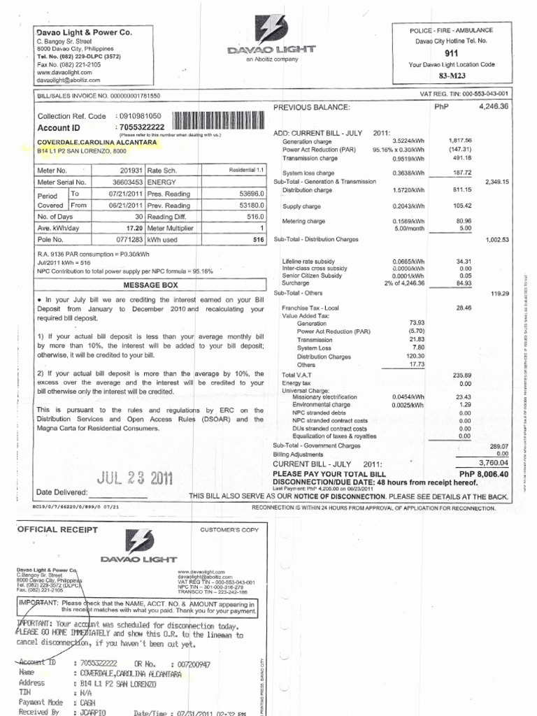 Davao Light Carol | Invoice | Kilowatt Hour