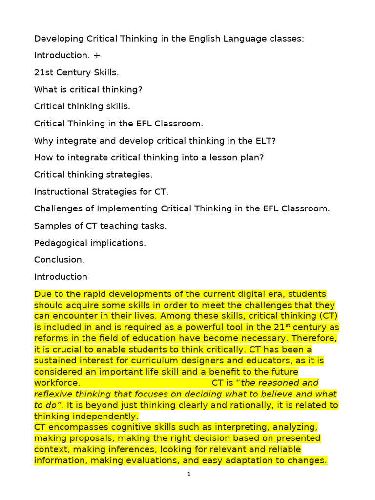 Developing Critical Thinking in The English Language Classes | PDF
