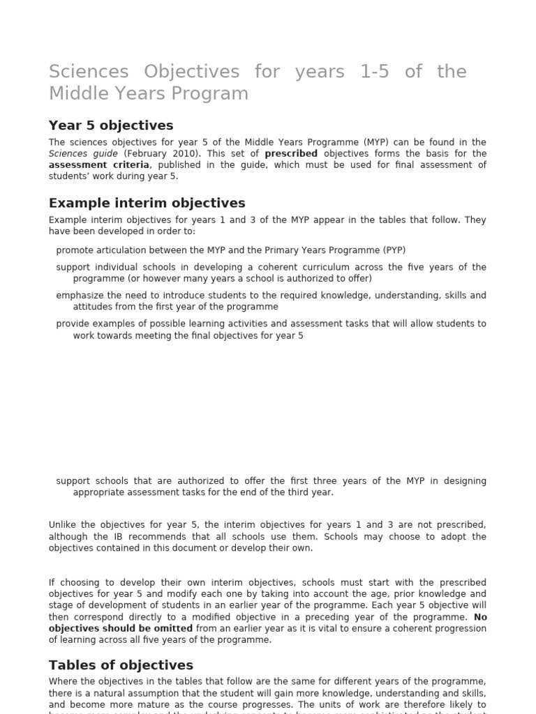 MYP Year 5 Science Objectives Guide | PDF | Methodology | Science ...