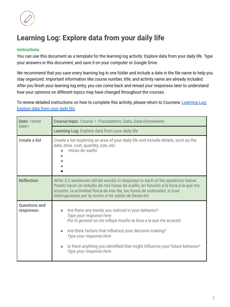 Learning Log Template - Explore Data From Your Daily Life | PDF