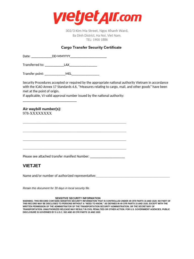 Cargo Transfer Security Certificate (Non-TSA Carrier) Template | PDF