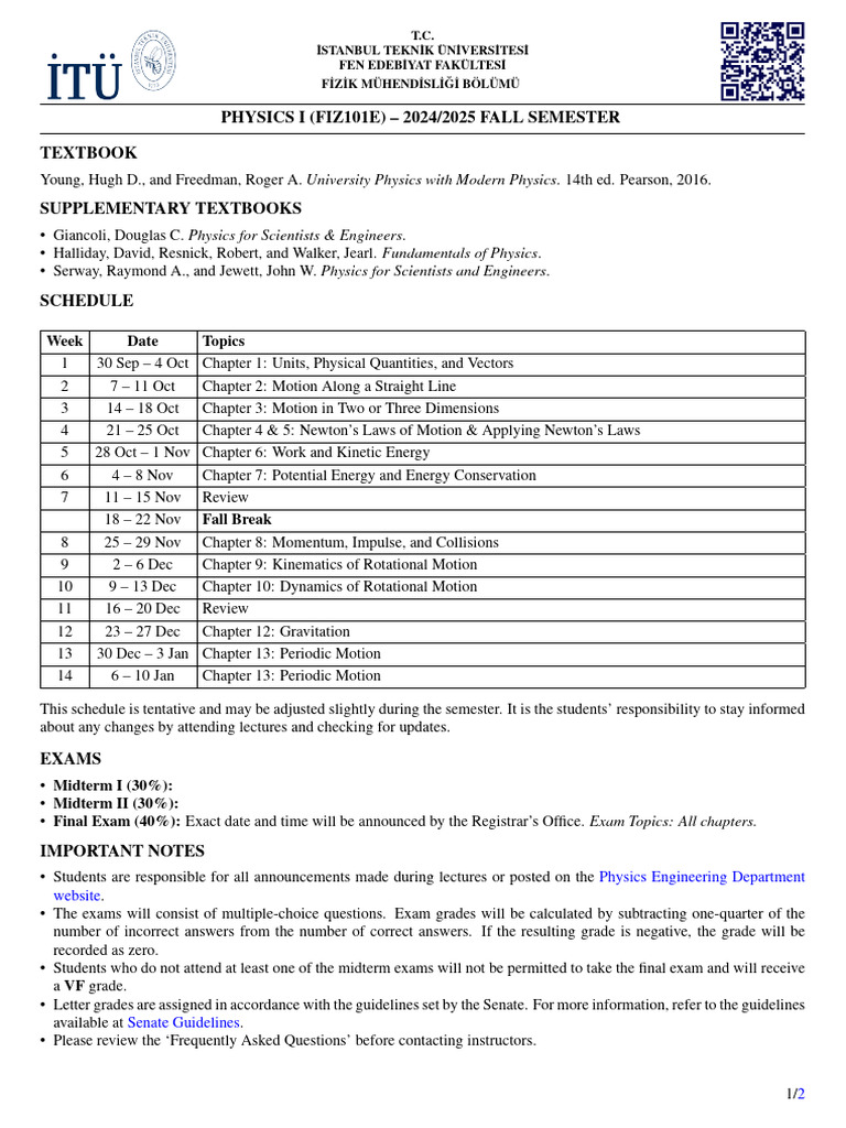 Syllabus Fiz101e 2425f | PDF