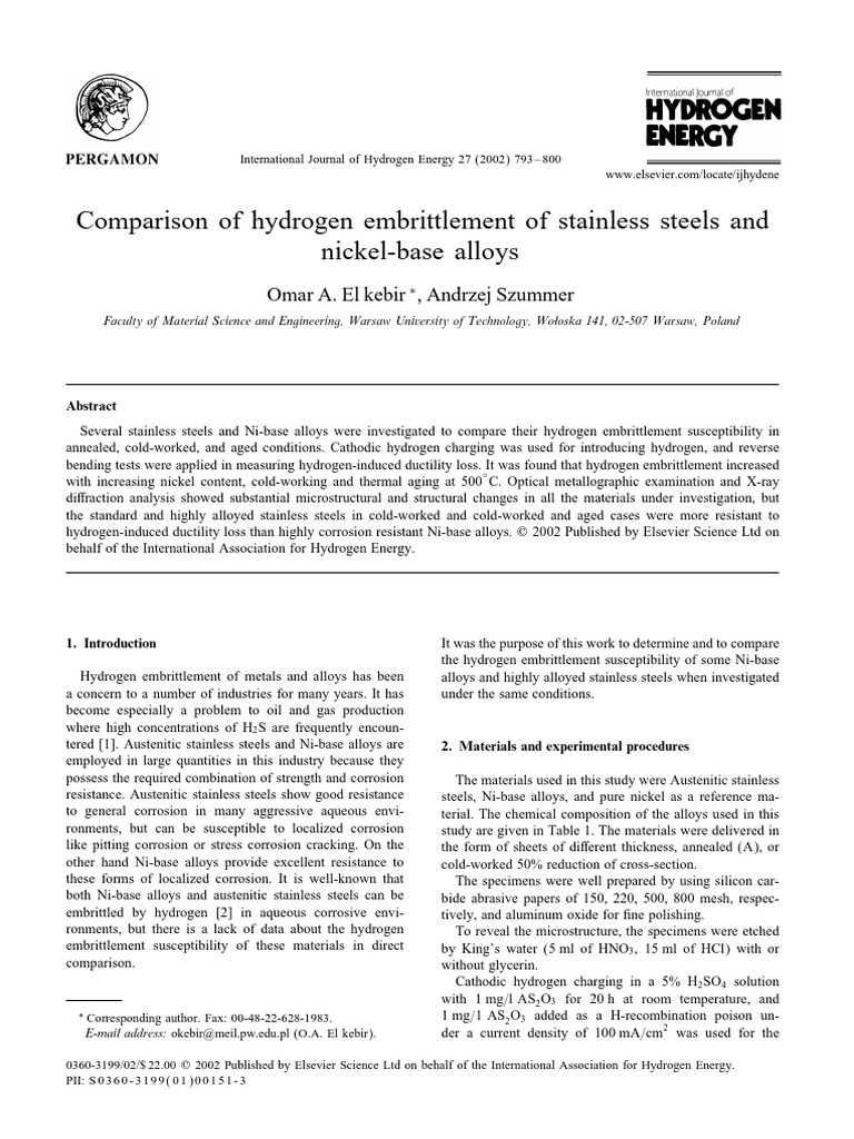 Comparison of Hydrogen Embrittlement of Stainless Steels and | PDF