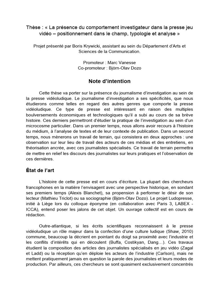 Exemple D'une Note D'intention | PDF | Jeux vidéo | Journalisme