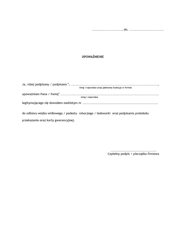 Upoważnienie do odbioru sprzętu | PDF