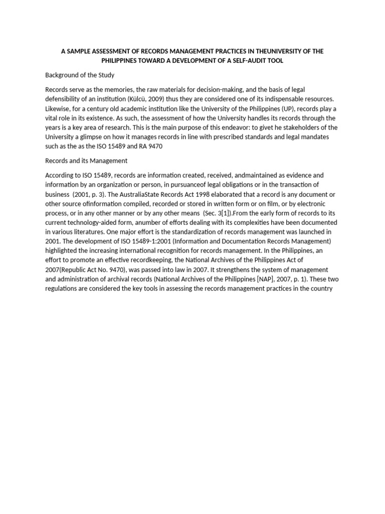 A sample assessment of records management practices in theuniversity of