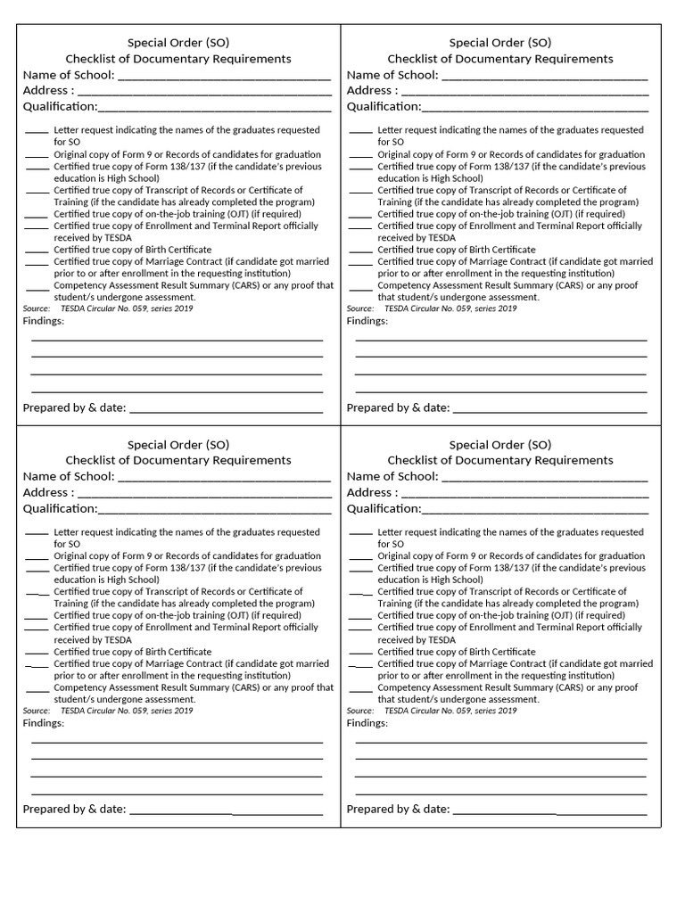 Special Order Checklist of Requirements | PDF
