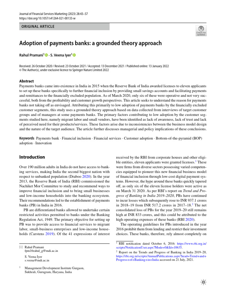 Adoption of Payments Banks A Grounded Theory Approach | PDF
