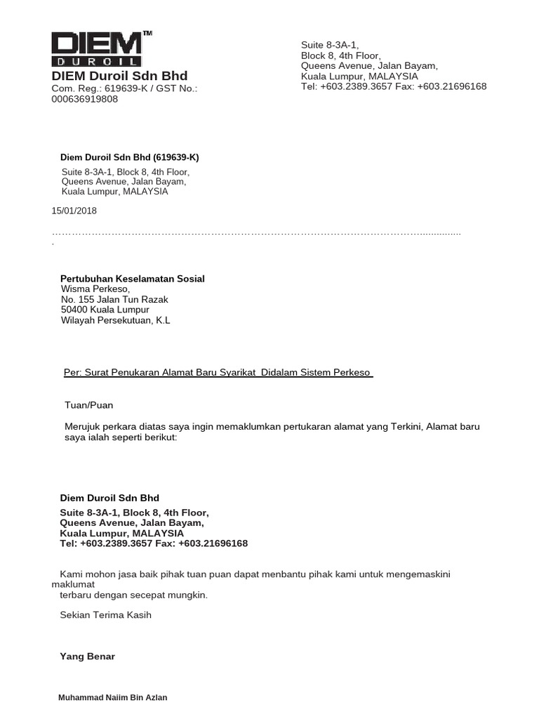 Update Address for PERKESO | PDF