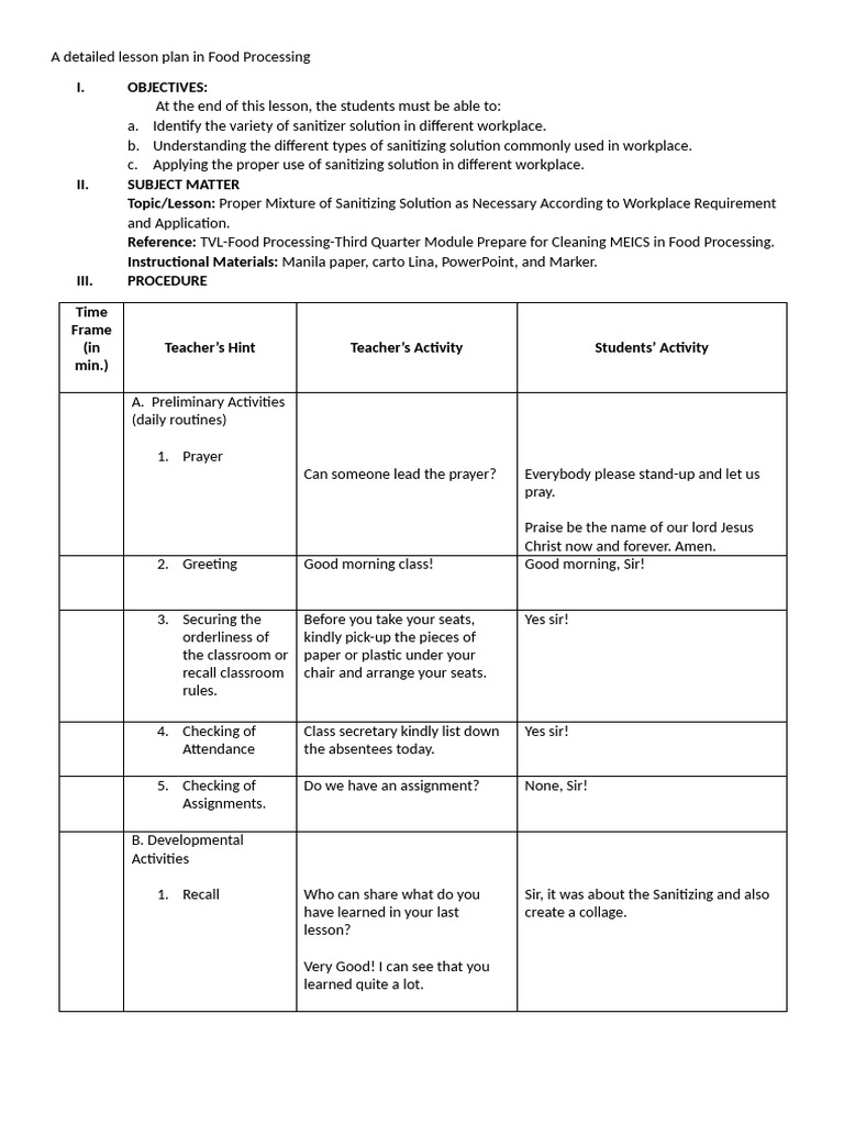 A Detailed Lesson Plan in Food Processing | PDF | Lesson Plan | Career ...