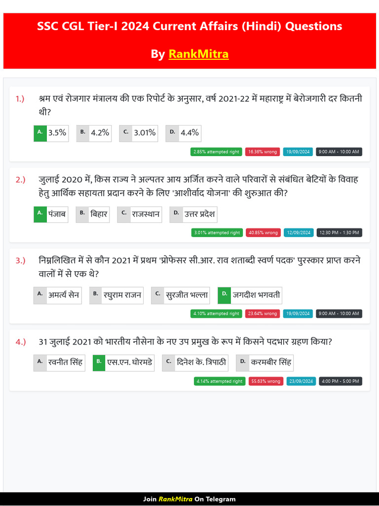 SSC CGL Tier I 2024 Current Affairs Hindi Questions by RankMitra | PDF