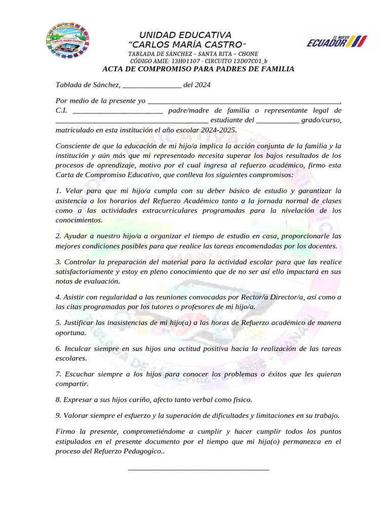 Acta de Compromiso para Padres de Familia - Refuerzo Pedagogico | PDF