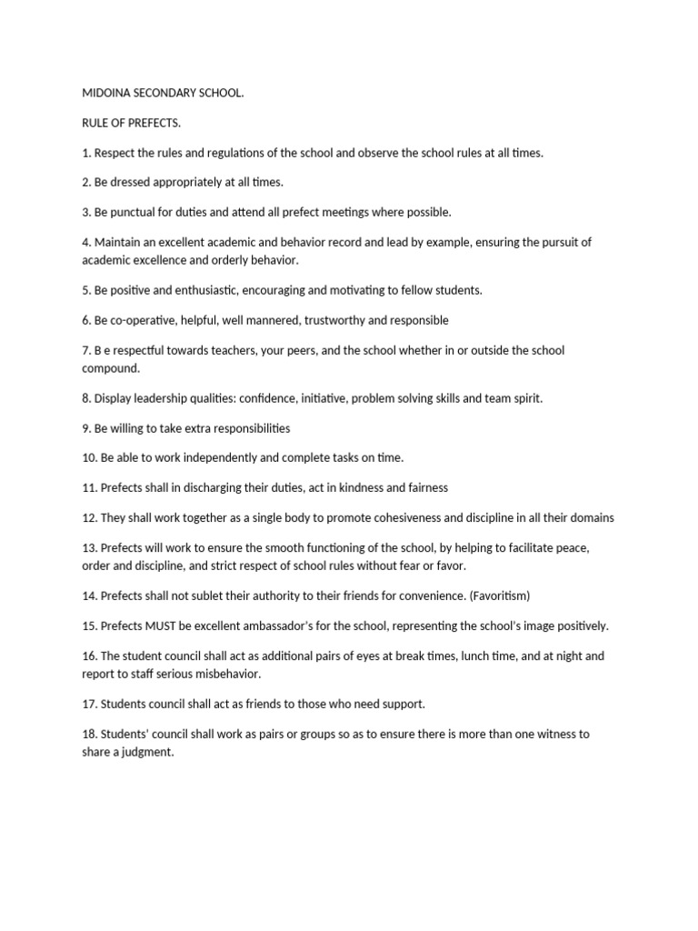 The Prefects School Rules and Regulations. | PDF