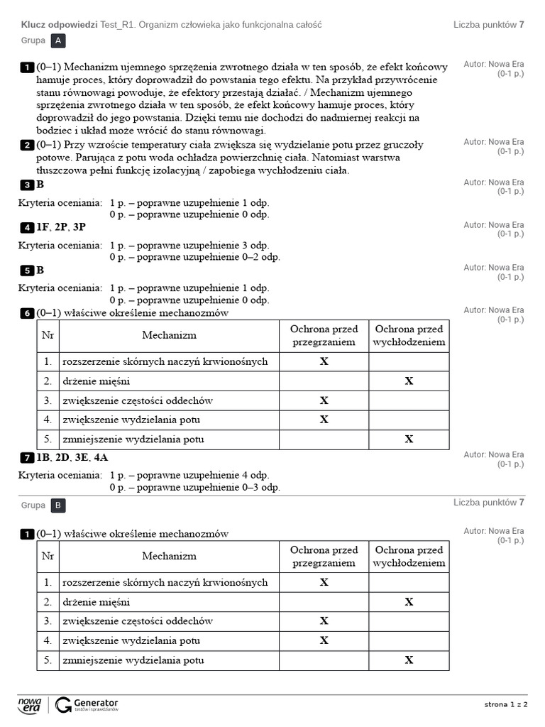 Test R1 Organizm Cz owieka Jako Funkcjonalna Ca o Klucz Odpowiedzi 