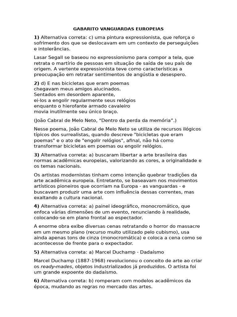 Gabarito Vanguardas Europeias | PDF