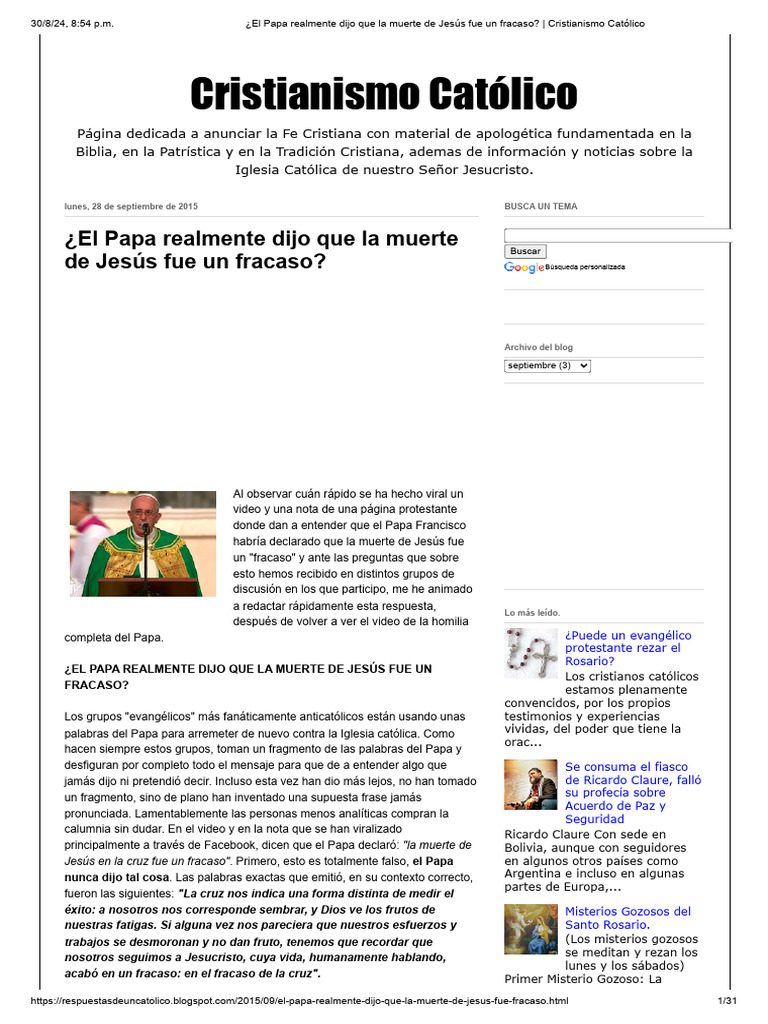 El Papa Realmente Dijo Que La Muerte de Jesús Fue Un Fracaso - Cristianismo  Católico | PDF, image size:768x1024