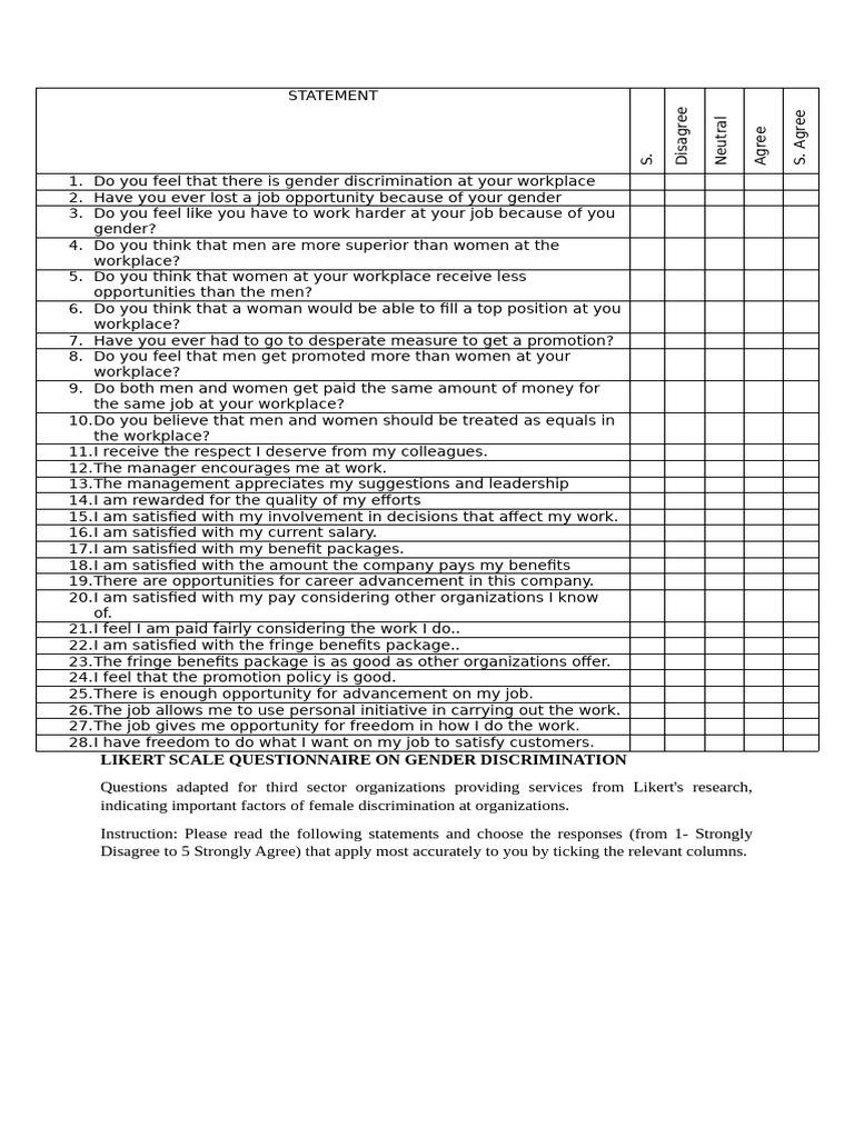 Gender Discrimination Questionnaire | PDF