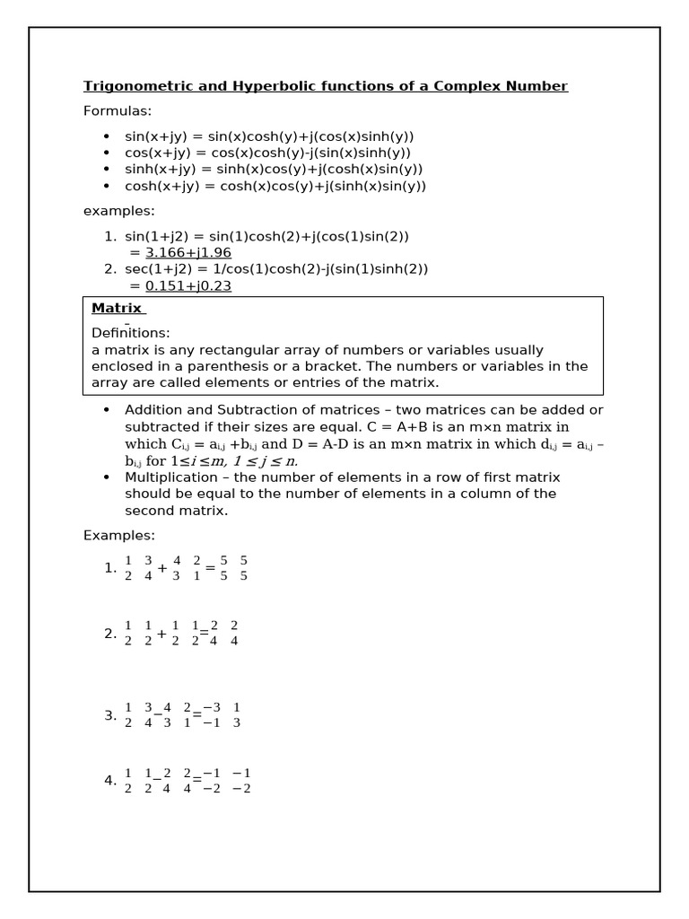 Matrix Operations and Complex Functions | PDF