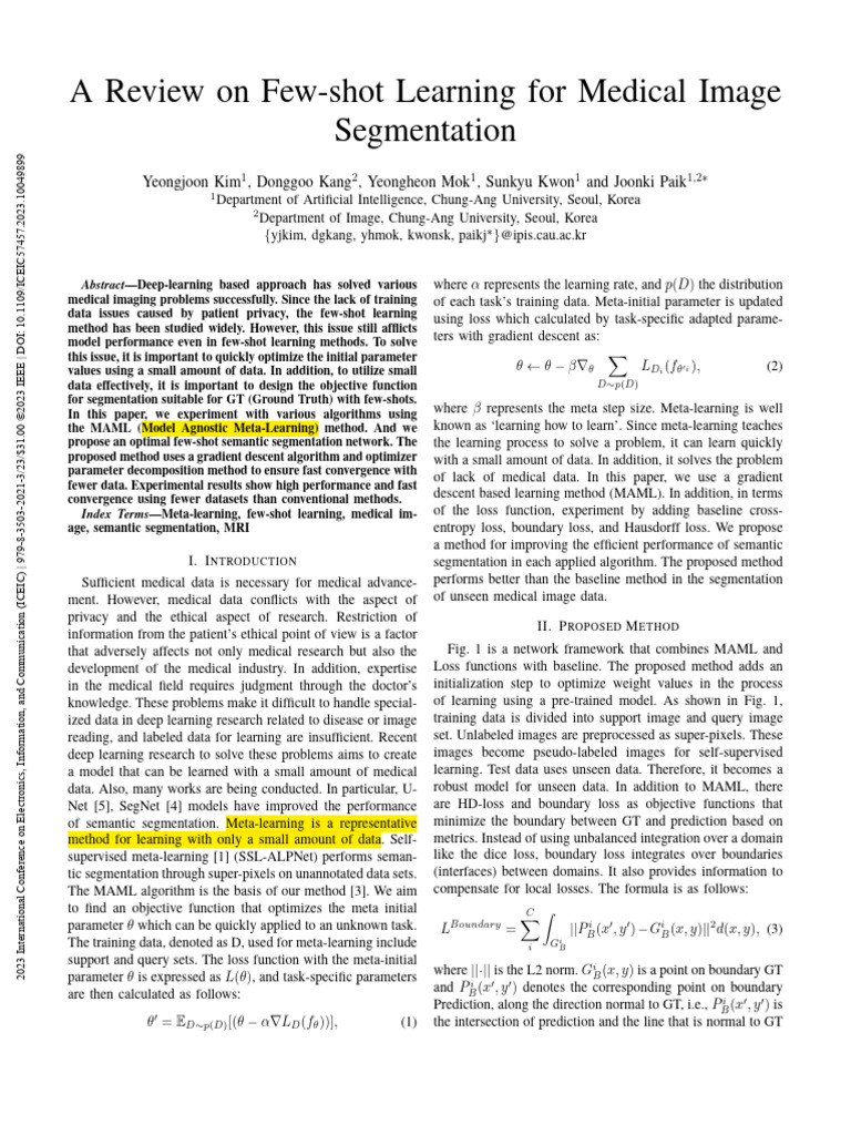 A Review On Few-Shot Learning For Medical Image Segmentation | PDF