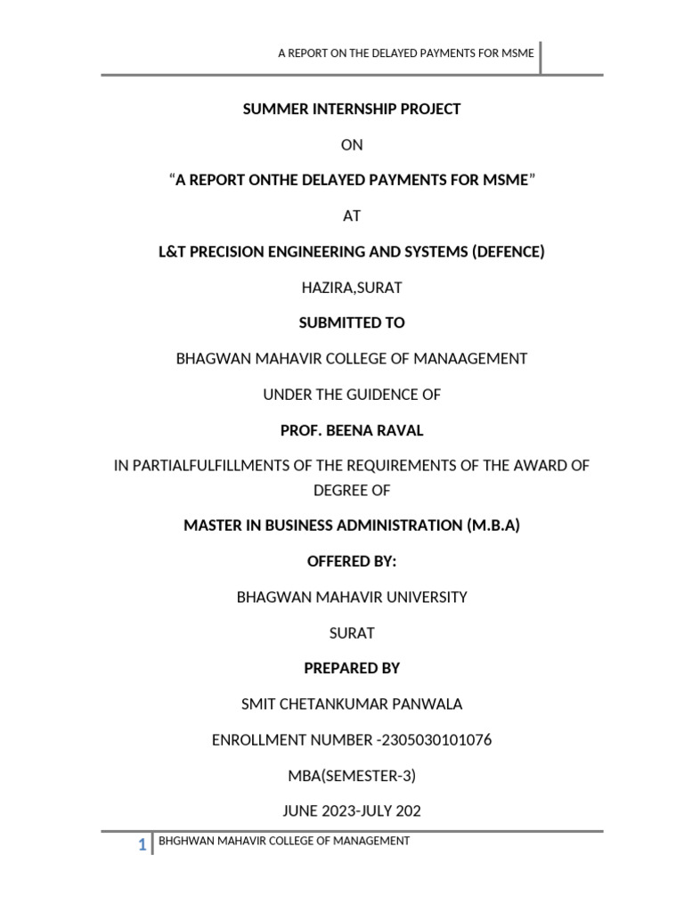 Summer Internship Project: A Report On The Delayed Payments For Msme | PDF