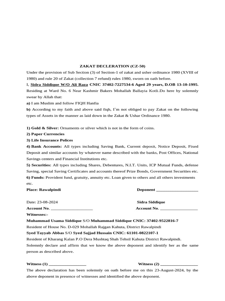 Zakat Declaration Form (CZ-50) Details | PDF | Politics
