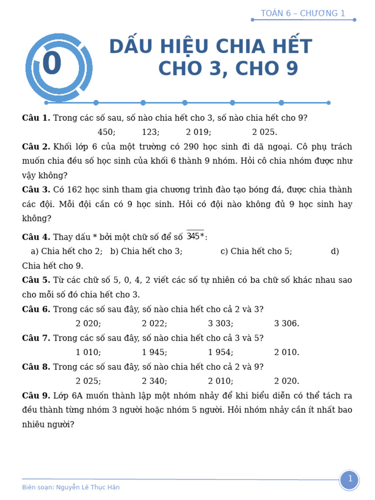 C1.b8.dấu Hiệu Chia Hết Cho 3, Cho 9 | PDF
