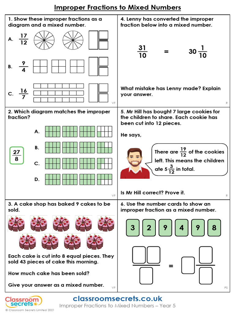 Year 5 Improper Fractions To Mixed Numbers Maths Recovery Main Activity ...