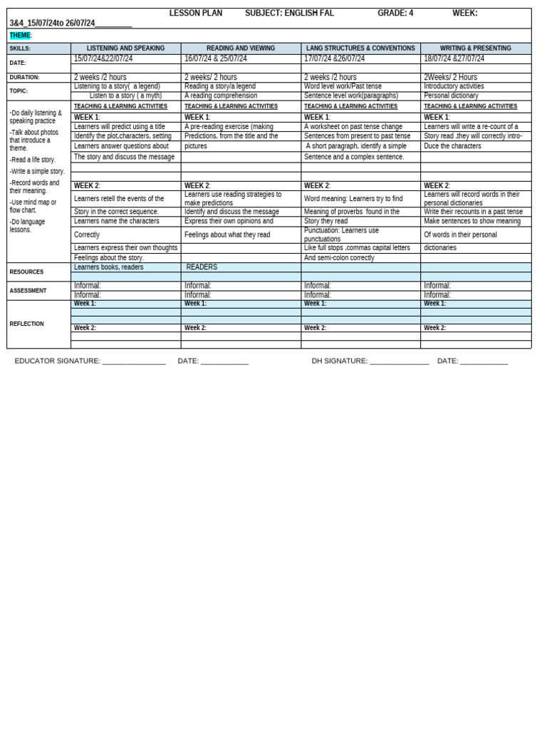 BLANK ENGLISH LESSON PLAN TEMPLATE Week 3&4 | PDF